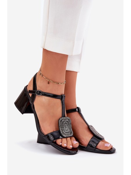 Leather Patent Women's Heeled Sandals With Decoration Vinceza 91134 Black