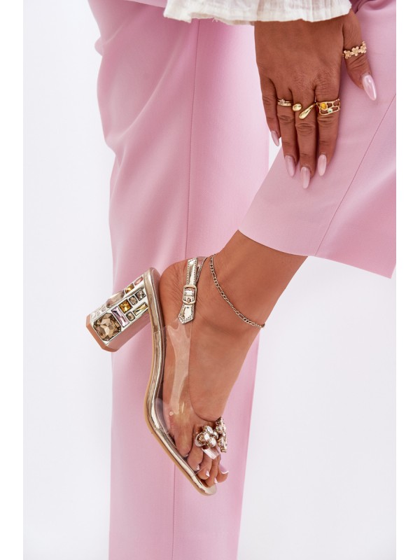 Transparent Heeled Sandals with Crystals Vinceza 70110 Gold