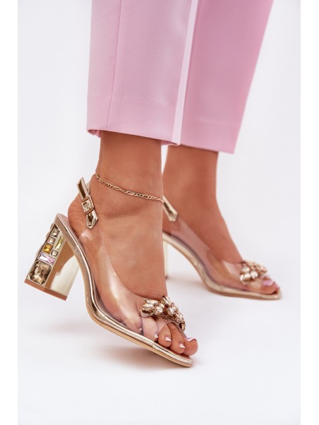 Transparent Heeled Sandals with Crystals Vinceza 70110 Gold