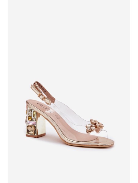 Transparent Heeled Sandals with Crystals Vinceza 70110 Gold
