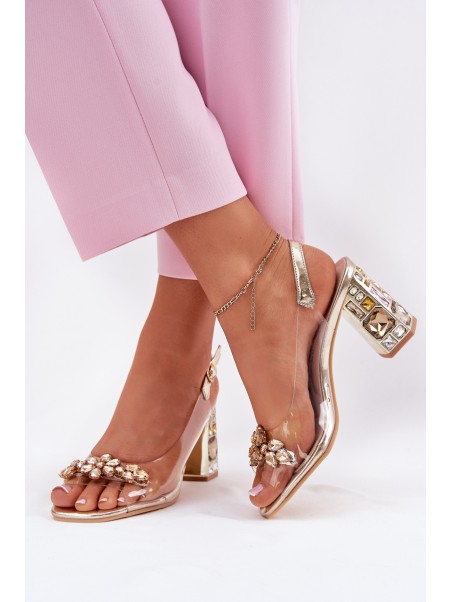 Transparent Heeled Sandals with Crystals Vinceza 70110 Gold