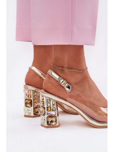 Transparent Heeled Sandals with Crystals Vinceza 70110 Gold