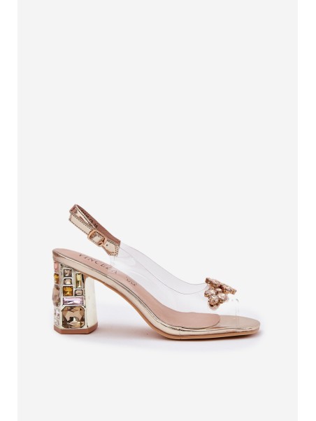 Transparent Heeled Sandals with Crystals Vinceza 70110 Gold