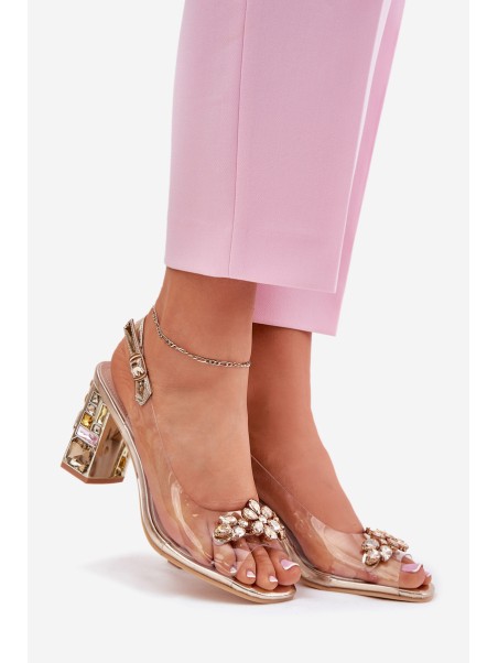 Transparent Heeled Sandals with Crystals Vinceza 70110 Gold