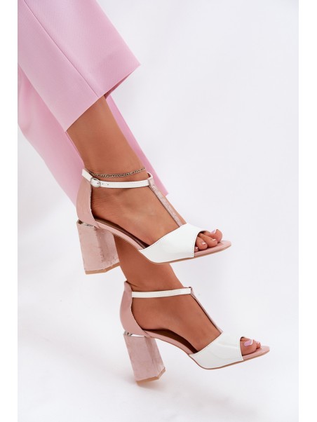 Lacquered Women's Sandals On Heel Pink-White Vinceza 20276