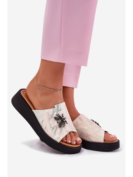 Ladies Leather Slippers With Brooch Vinceza 66752 Beige