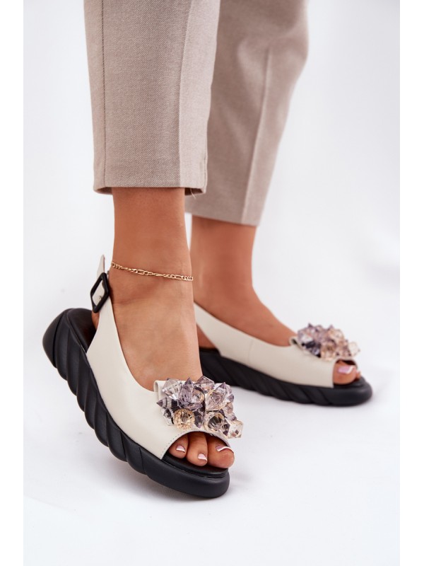 Leather Women's Sandals With Crystals Beige Artiker 54C1627