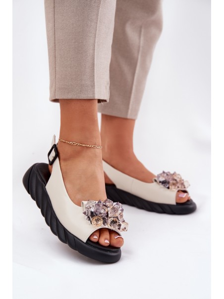 Leather Women's Sandals With Crystals Beige Artiker 54C1627