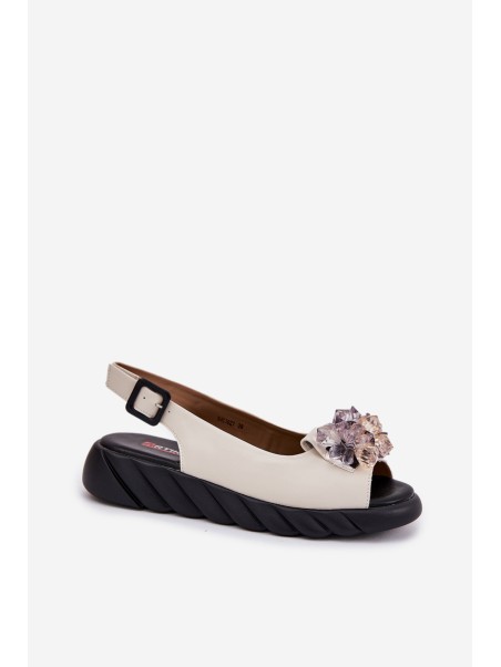 Leather Women's Sandals With Crystals Beige Artiker 54C1627