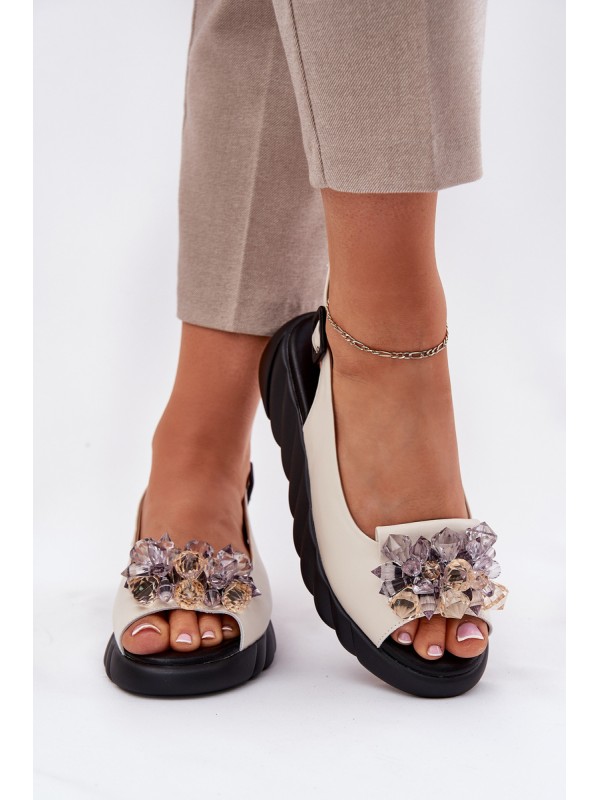 Leather Women's Sandals With Crystals Beige Artiker 54C1627