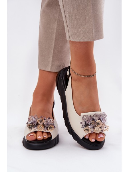 Leather Women's Sandals With Crystals Beige Artiker 54C1627