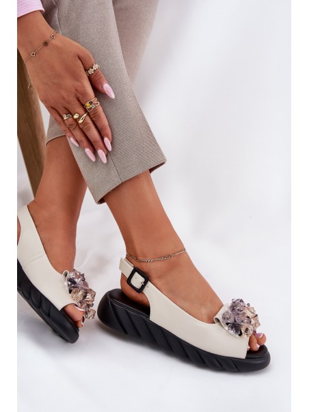 Leather Women's Sandals With Crystals Beige Artiker 54C1627