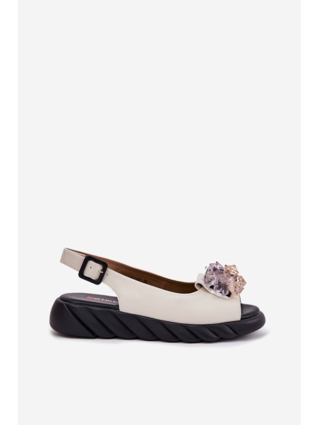 Leather Women's Sandals With Crystals Beige Artiker 54C1627