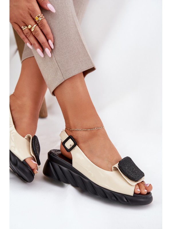 Leather Patent Ladies Wedge Sandals with Decoration Artiker Beige 56C1567