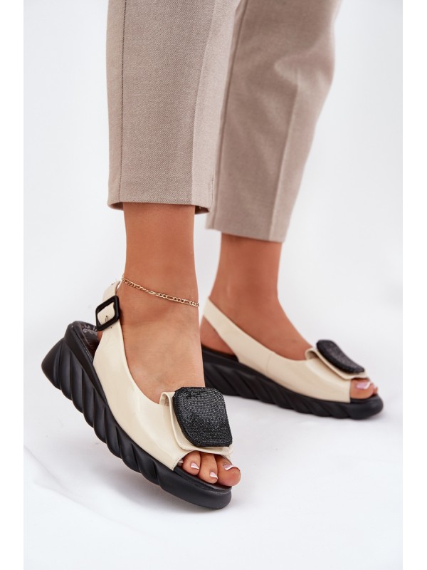 Leather Patent Ladies Wedge Sandals with Decoration Artiker Beige 56C1567 Leather Patent Ladies Wedge Sandals with Decoration Artiker Beige 56C1567