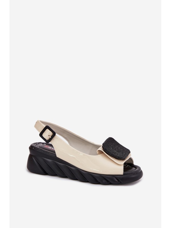 Leather Patent Ladies Wedge Sandals with Decoration Artiker Beige 56C1567 Leather Patent Ladies Wedge Sandals with Decoration Artiker Beige 56C1567