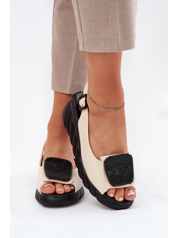Leather Patent Ladies Wedge Sandals with Decoration Artiker Beige 56C1567 Leather Patent Ladies Wedge Sandals with Decoration Artiker Beige 56C1567