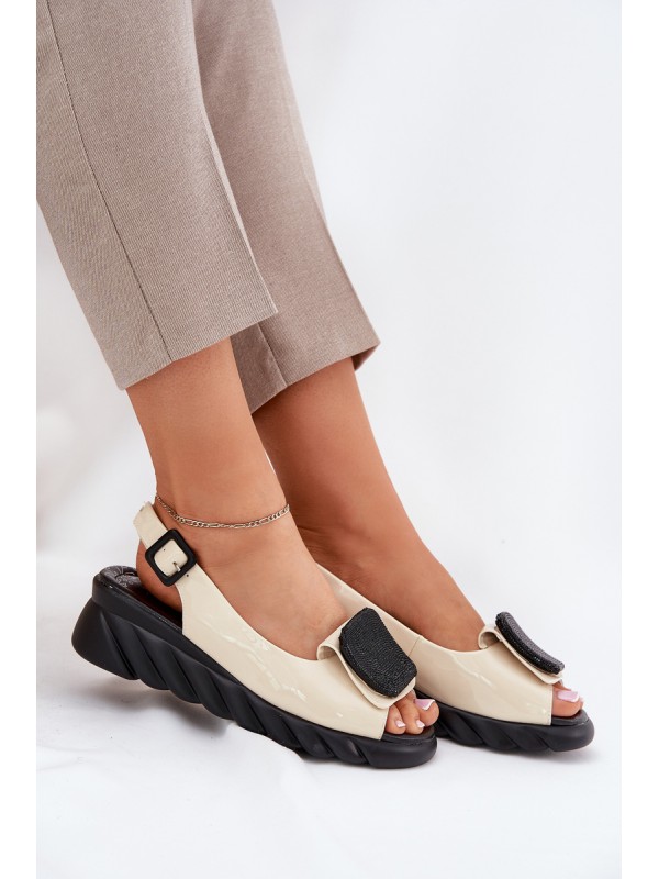 Leather Patent Ladies Wedge Sandals with Decoration Artiker Beige 56C1567 Leather Patent Ladies Wedge Sandals with Decoration Artiker Beige 56C1567