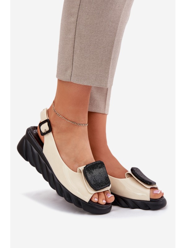 Leather Patent Ladies Wedge Sandals with Decoration Artiker Beige 56C1567 Leather Patent Ladies Wedge Sandals with Decoration Artiker Beige 56C1567