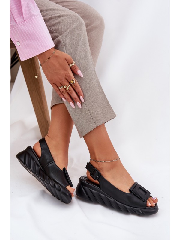 Ladies leather wedge sandals with decoration Artiker Black 56C2156