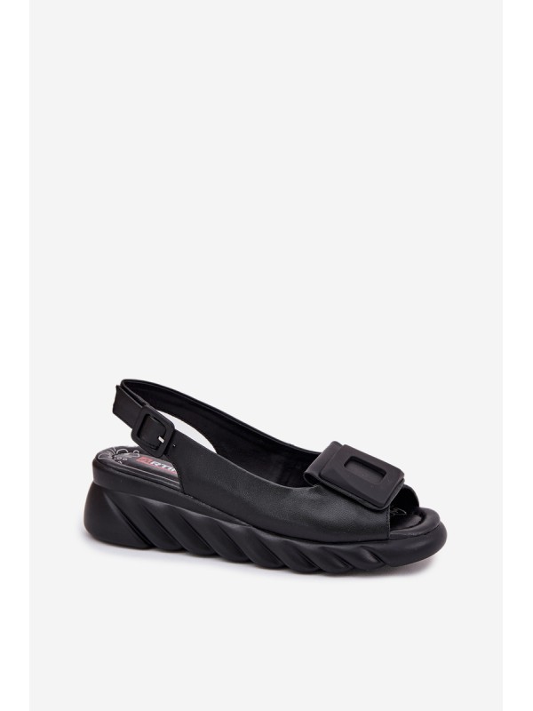Ladies leather wedge sandals with decoration Artiker Black 56C2156