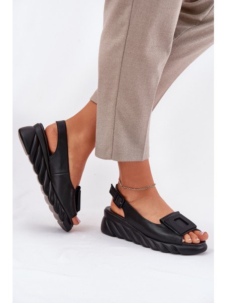 Ladies leather wedge sandals with decoration Artiker Black 56C2156