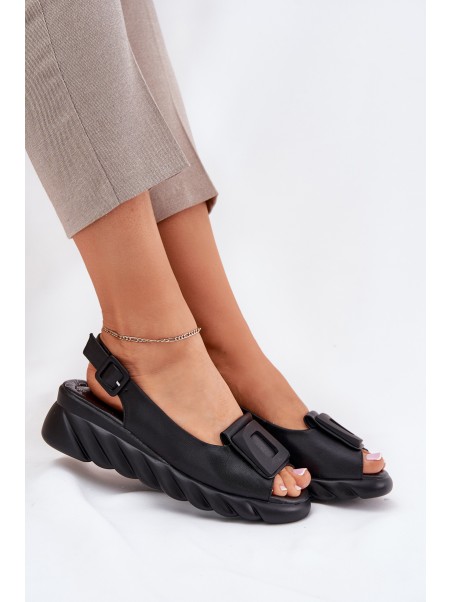 Ladies leather wedge sandals with decoration Artiker Black 56C2156