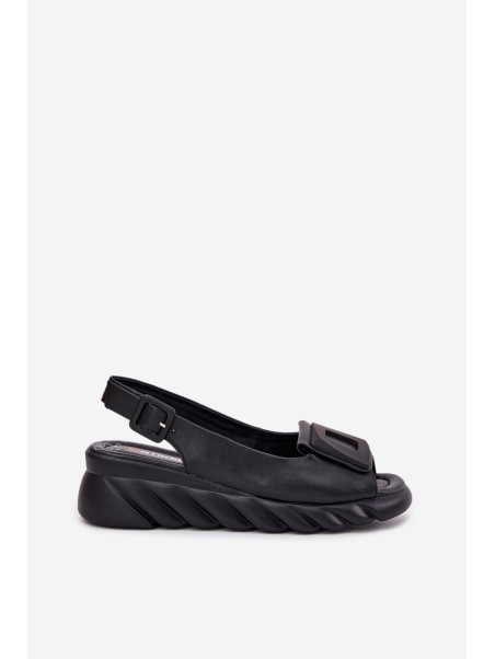 Ladies leather wedge sandals with decoration Artiker Black 56C2156