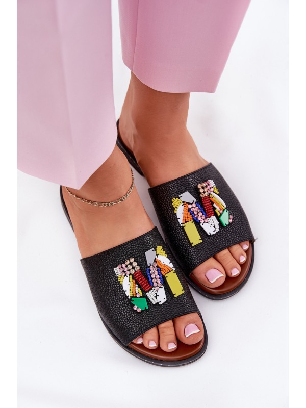 Womens sandals on flat heel with decoration black Clelione