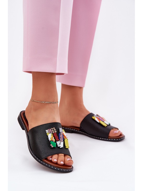 Womens sandals on flat heel with decoration black Clelione 2