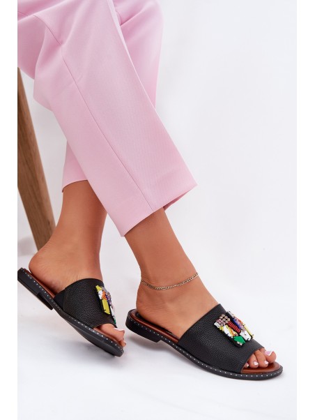 Womens sandals on flat heel with decoration black Clelione
