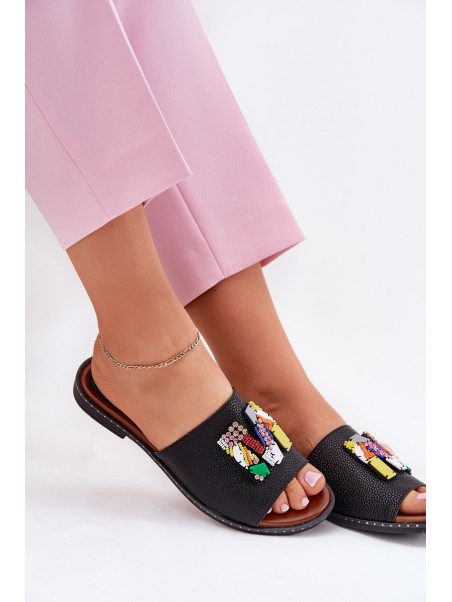 Womens sandals on flat heel with decoration black Clelione