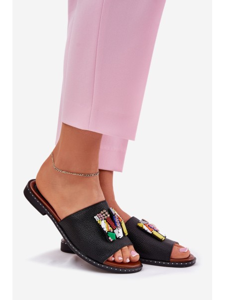 Womens sandals on flat heel with decoration black Clelione