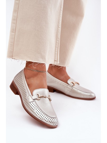 Leather Women's Moccasins With Decoration On Flat Heel S.Barski LR51-594 Silver
