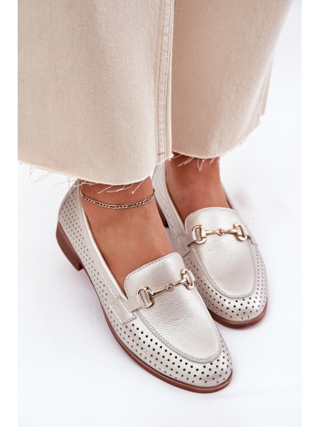 Leather Women's Moccasins With Decoration On Flat Heel S.Barski LR51-594 Silver