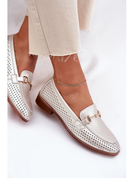 Leather Women's Moccasins With Decoration On Flat Heel S.Barski LR51-594 Silver