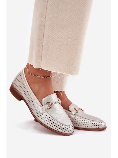 Leather Women's Moccasins With Decoration On Flat Heel S.Barski LR51-594 Silver