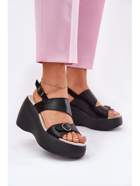 Leather Womens Sandals On Wedge And Platform S.Barski LR51-540 Black