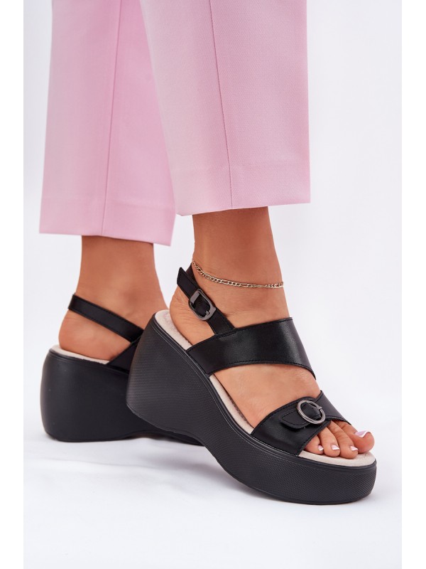 Leather Womens Sandals On Wedge And Platform S.Barski LR51-540 Black