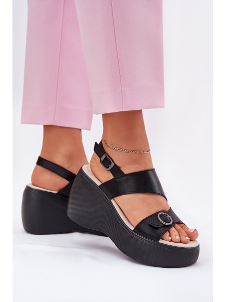 Leather Womens Sandals On Wedge And Platform S.Barski LR51-540 Black