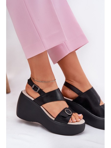 Leather Womens Sandals On Wedge And Platform S.Barski LR51-540 Black