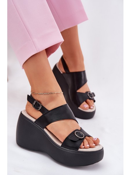 Leather Womens Sandals On Wedge And Platform S.Barski LR51-540 Black
