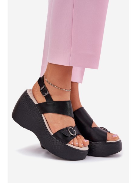 Leather Womens Sandals On Wedge And Platform S.Barski LR51-540 Black