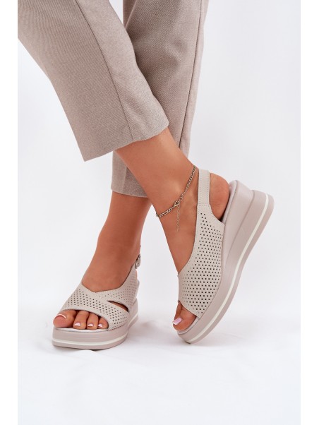 Ladies Leather Wedge Sandals S.Barski LR51-660 Beige
