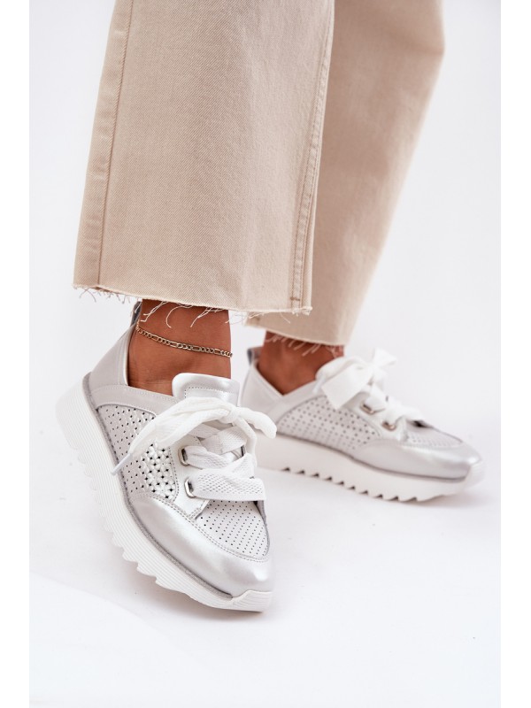 Women's Leather Sneakers On A Platform D&A LR51-796 Silver
