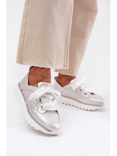 Women's Leather Sneakers On A Platform D&A LR51-796 Silver