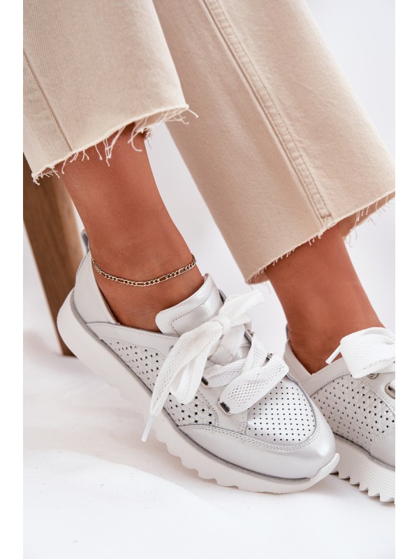 Women's Leather Sneakers On A Platform D&A LR51-796 Silver