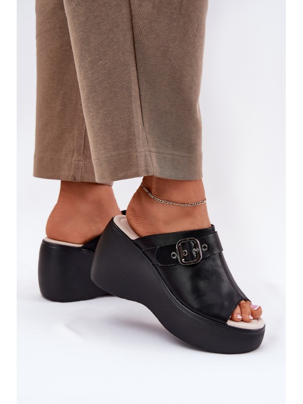 Leather Women's Sandals On Platform And Wedge With Buckle Black S.Barski LR51-542