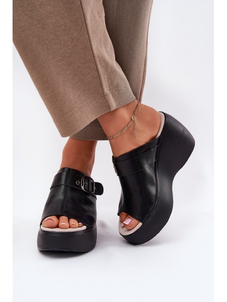 Leather Women's Sandals On Platform And Wedge With Buckle Black S.Barski LR51-542