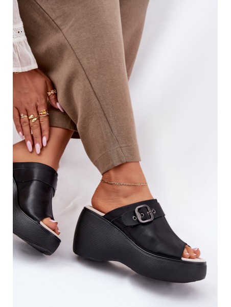 Leather Women's Sandals On Platform And Wedge With Buckle Black S.Barski LR51-542
